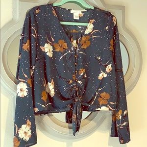 Dark teal floral blouse with tie front